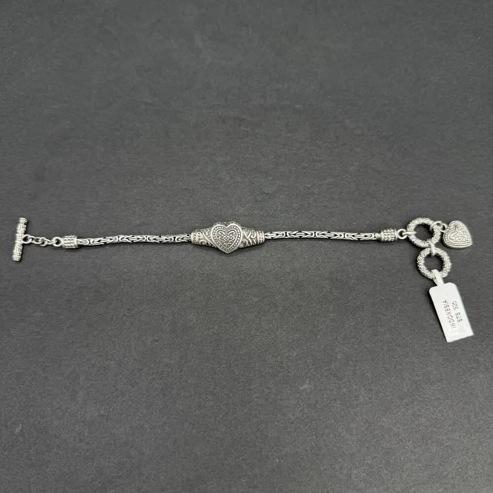 STS Heavy 22g Sterling Silver Heart Byzantine Toggle Bracelet Bali Indonesia 925